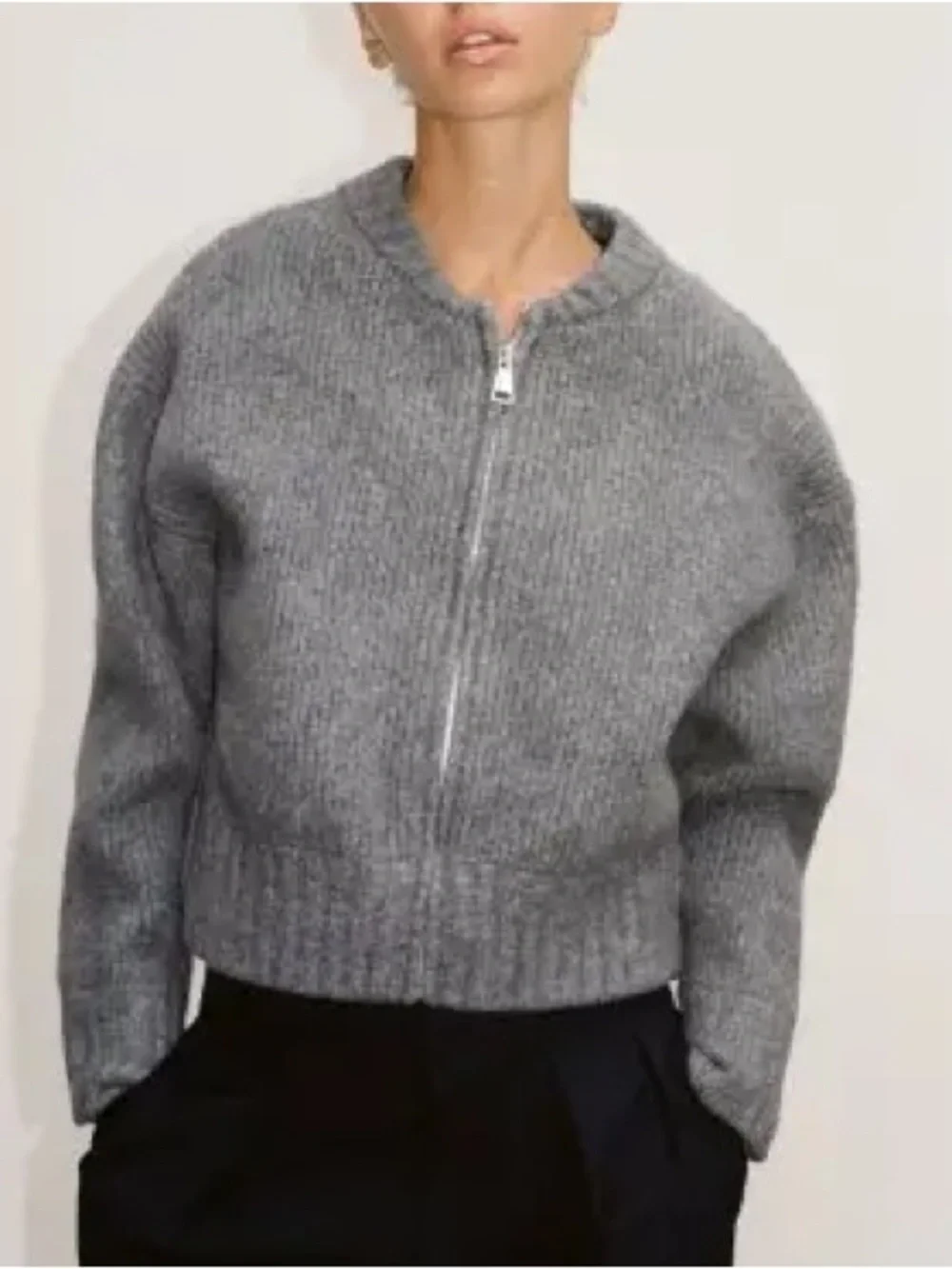 Zara Zippered Knit Cardigan Bomber Jacket Gray Silver Boxy Sweater Size S